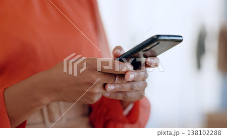 Hands, phone and closeup with typing in office, email or chat with notification, networking or post online. Planning schedule, click and social network app with check, business website and smartphone 138102288