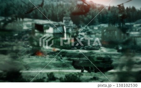Military, helicopter and army at war with night vision in a battle for security in a battlefield, warzone or field. Service, camouflage and airforce or soldiers in defense force on marine duty Military, helicopter and army at war with night vision in a battle for security in a battlefield, warzone or field. Service, camouflage and airforce or soldiers in defense force on marine duty 138102530