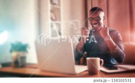 Winning, businessman and celebration on laptop with hologram online, coding or remote work achievement in programming. Wow, surprise or happy employee excited for virtual success with internet Winning, businessman and celebration on laptop with hologram online, coding or remote work achievement in programming. Wow, surprise or happy employee excited for virtual success with internet 138102531