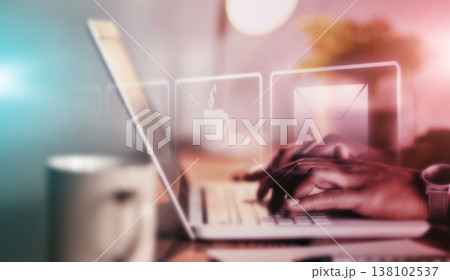 Email, hands typing on laptop with overlay, business person online at desk with icon for connection. Technology, communication and networking, worker writing report or business feedback on computer. Email, hands typing on laptop with overlay, business person online at desk with icon for connection. Technology, communication and networking, worker writing report or business feedback on computer. 138102537