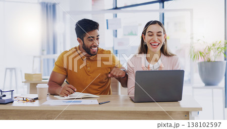 Creative business people, laptop and high five for winning, success or planning together in teamwork at office. Happy man and woman touching hands on touchscreen for team collaboration or achievement Creative business people, laptop and high five for winning, success or planning together in teamwork at office. Happy man and woman touching hands on touchscreen for team collaboration or achievement 138102597