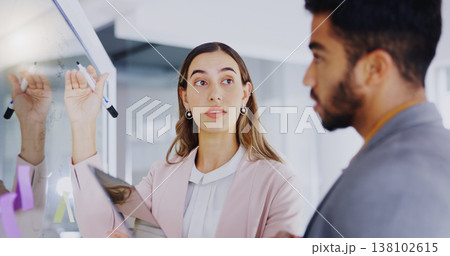 Business people, glass board and partnership for writing, sticky note or tablet for talk, teamwork or planning. Businessman, female partner and moodboard for goal, ideas or brainstorming for strategy Business people, glass board and partnership for writing, sticky note or tablet for talk, teamwork or planning. Businessman, female partner and moodboard for goal, ideas or brainstorming for strategy 138102615