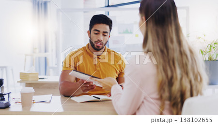 Business people, teamwork and paperwork with online management team talking about strategy. Document analysis and man with communication and cooperation planning research with work schedule and idea 138102655