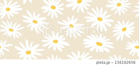 White and beige flower seamless pattern background. Cute hand drawn floral repeated wallpaper. Romantic chamomile blossom motif for textile print, fabric swatch, dress ornament, wrapping paper. Vector 138102656