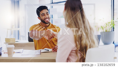 Smile, business people and handshake for partnership, deal or introduction in workplace. Happy, man and woman shaking hands for agreement, b2b or onboarding, congratulations or welcome to company. Smile, business people and handshake for partnership, deal or introduction in workplace. Happy, man and woman shaking hands for agreement, b2b or onboarding, congratulations or welcome to company. 138102659
