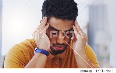 Stress, sick and business man with headache, tired or exhausted with fatigue in workplace. Mental health, migraine and depressed male professional with anxiety, burnout or pain, brain fog or problem. 138102681