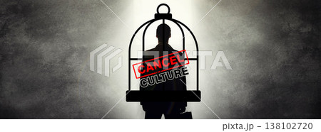 Cancel culture, overlay and cage on silhouette of person for bias, political controversy or criticism. Mockup, business and shadow of worker for professional society problem, banner or censorship Cancel culture, overlay and cage on silhouette of person for bias, political controversy or criticism. Mockup, business and shadow of worker for professional society problem, banner or censorship 138102720