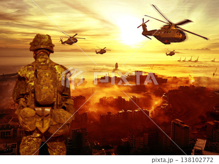 Combat, military and soldier with fire in explosion for service, army duty and battle in camouflage. Apocalypse, bombs and back of man with helicopter for armed forces, defense and warfare conflict Combat, military and soldier with fire in explosion for service, army duty and battle in camouflage. Apocalypse, bombs and back of man with helicopter for armed forces, defense and warfare conflict 138102772