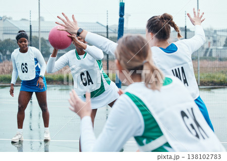 Netball sports team, game ball and women defend, attack and pass in community competition, practice and game. Exercise, group action and player workout, tournament match or athlete training on court 138102783