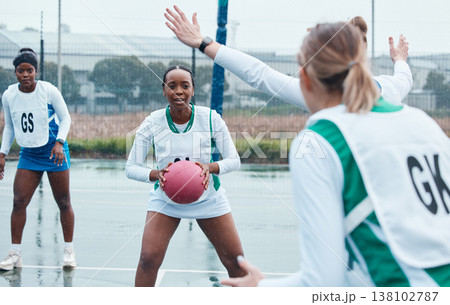Netball, sports and team with ball and women in community competition, practice and play outdoor game. Fitness, collaboration or group workout, player tournament or athlete training on court Netball, sports and team with ball and women in community competition, practice and play outdoor game. Fitness, collaboration or group workout, player tournament or athlete training on court 138102787