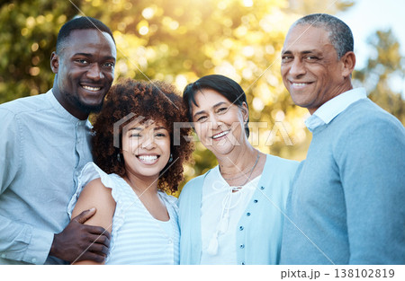 Nature, portrait and people with senior parents in an outdoor park for bonding together. Happy, smile and young man and woman with elderly mom and dad in retirement in green garden for fresh air. Nature, portrait and people with senior parents in an outdoor park for bonding together. Happy, smile and young man and woman with elderly mom and dad in retirement in green garden for fresh air. 138102819
