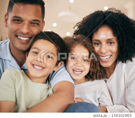 Happy family, parents and portrait of kids in home for bonding, healthy relationship and relax. Interracial, face and mother, father and children hug, embrace and cuddle for trust, support and love Happy family, parents and portrait of kids in home for bonding, healthy relationship and relax. Interracial, face and mother, father and children hug, embrace and cuddle for trust, support and love 138102903