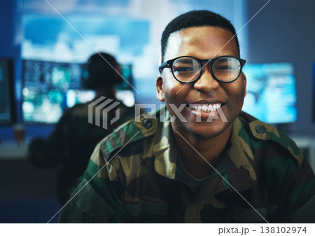 Military, surveillance and happy portrait of man in cybersecurity, control room and government communication office. Army, employee and smile on face with pride, confidence and working in spy tech 138102974