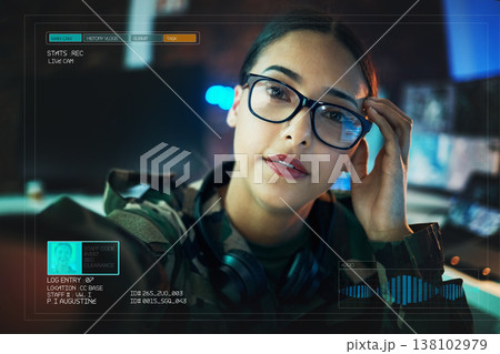 Record, military and portrait of woman on camera for surveillance, tracking operation and army. Security, government worker and soldier with live streaming overlay online for duty, service and report 138102979