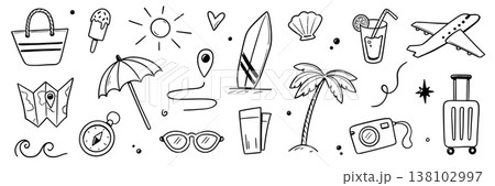 Summer beach icon element set. Hand drawn doodle sketch with sun, sea, travel vacation holiday trip. Cute beach icon elements with sunglasses umbrella palm camera suitcase. Vector 138102997