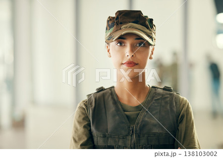 Army, serious and portrait of woman soldier with confident, pride and respect for service. Safety, security and face of female military veteran warrior in uniform with courage for agency protection. Army, serious and portrait of woman soldier with confident, pride and respect for service. Safety, security and face of female military veteran warrior in uniform with courage for agency protection. 138103002