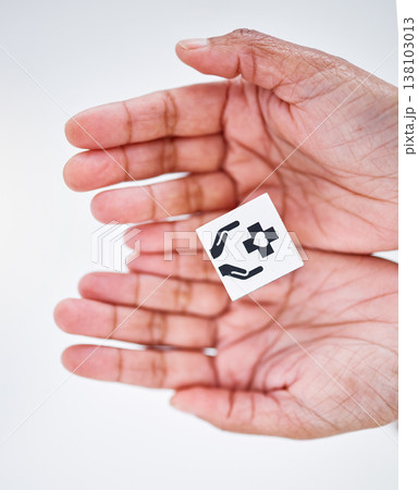 Healthcare, insurance and hands with sign for medical service, care and safety on white background. Top view, symbol and person with emoji, shape and icon for help, support and medicine for hospital 138103013