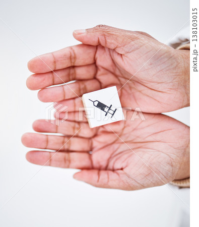 Healthcare, wooden block and hands with injection sign for medical service, care and safety on white background. Hospital, symbol and person from top view for insurance, support and medicine Healthcare, wooden block and hands with injection sign for medical service, care and safety on white background. Hospital, symbol and person from top view for insurance, support and medicine 138103015