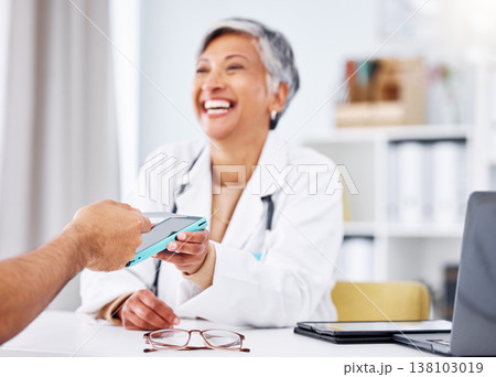 Optometrist, office and talking to patient with phone, ux and glasses for vision on tech, screen or lens for protection of eyes. Optometry, consultation and doctor with advice, information or app 138103019