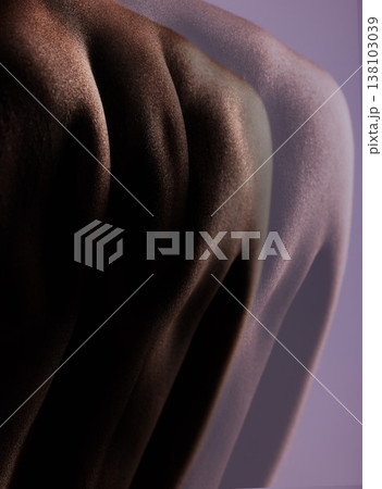 Skin, texture and back of person on double exposure for skincare, beauty and dermatology in studio. Creative aesthetic, silhouette and body on purple background for wellness, art deco or cosmetics Skin, texture and back of person on double exposure for skincare, beauty and dermatology in studio. Creative aesthetic, silhouette and body on purple background for wellness, art deco or cosmetics 138103039
