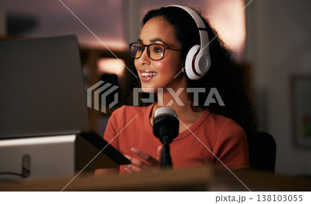 Woman, headphones and laptop with radio DJ or podcast, public relations journalist and live broadcast at night. Mic, talk show and communication for social media streamer and content creation 138103055