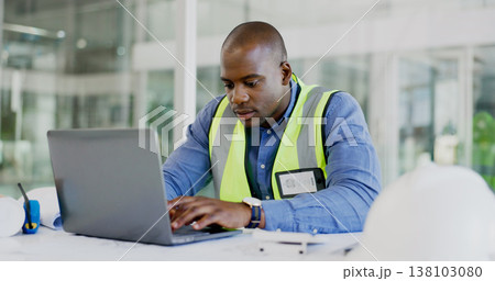 Man, engineering and laptop for online planning, blueprint report and design update in office project management. African builder, contractor or architecture worker typing on computer for floor plan Man, engineering and laptop for online planning, blueprint report and design update in office project management. African builder, contractor or architecture worker typing on computer for floor plan 138103080
