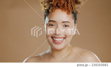 Woman in portrait, natural beauty and happy with cosmetics and skin glow isolated on brown background. Dermatology, wellness with skincare and face with smile, self care and anti aging in studio 138103081