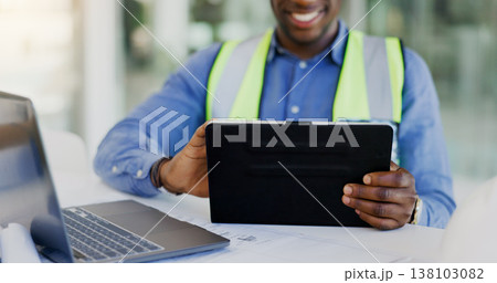 Tablet, laptop and hands for architecture, blueprint and renovation or building development and online progress. Happy contractor, person or engineering designer on digital technology for floor plan 138103082