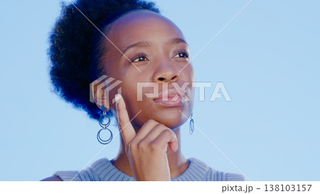 Business woman, thinking and ideas for marketing solution, decision and professional or creative vision in studio. African worker for inspiration, goals and job planning or choice on blue background Business woman, thinking and ideas for marketing solution, decision and professional or creative vision in studio. African worker for inspiration, goals and job planning or choice on blue background 138103157
