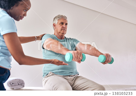 Physiotherapy, exercise and old man with dumbbell for wellness and muscle training on bed with woman in room. Healthcare, physiotherapist and senior with workout for healing help, support and fitness 138103233