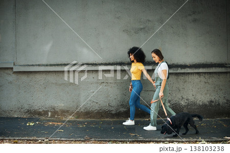 Walking, women and lesbian couple with dog in city, street or holding hands with pet on lead and wall, mockup or urban space. Lgbt, people and journey with animal for exercise, wellness or happiness Walking, women and lesbian couple with dog in city, street or holding hands with pet on lead and wall, mockup or urban space. Lgbt, people and journey with animal for exercise, wellness or happiness 138103238