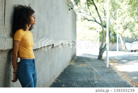 Thinking, woman and city wall on a road with travel and outdoor sad from memory with mockup space. Female person, sidewalk and depression on a urban street with grief, disappointed and mental health Thinking, woman and city wall on a road with travel and outdoor sad from memory with mockup space. Female person, sidewalk and depression on a urban street with grief, disappointed and mental health 138103239