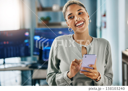 Business woman, phone and thinking of stock market investment, trading and profit, sales or data in home office. Trader or african entrepreneur on mobile app for financial ideas or happy analytics Business woman, phone and thinking of stock market investment, trading and profit, sales or data in home office. Trader or african entrepreneur on mobile app for financial ideas or happy analytics 138103240