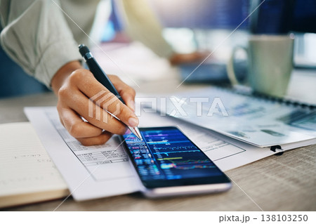 Phone screen, trading and hands of business person in stock market analytics, investment strategy or profit. Trader mobile app or software for financial research, planning and check sales or balance 138103250