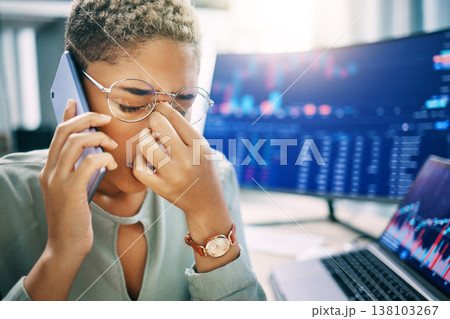 Frustrated woman, phone call and headache in trading, fail or mistake from stock market crash at office. Broker in debt, stress or anxiety listening on smartphone to angry client after bad investment 138103267