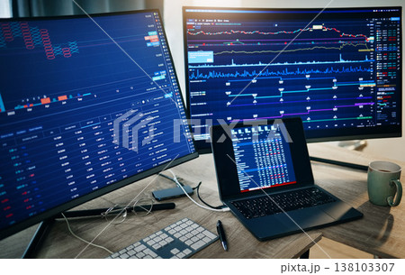 Computer screen, stock market and data analytics background of cryptocurrency, financial stats and numbers. Desktop monitor and laptop with charts, graphs and algorithm or lines for trading at night 138103307