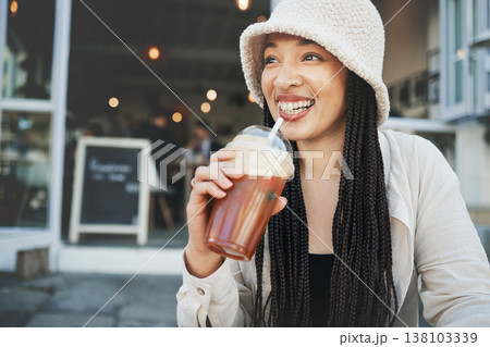 Happy woman, smoothie and smile outdoor at a restaurant and drink from cafe. Milkshake, coffee shop and gen z fashion of a female person relax with drinking from a straw on break on diner patio Happy woman, smoothie and smile outdoor at a restaurant and drink from cafe. Milkshake, coffee shop and gen z fashion of a female person relax with drinking from a straw on break on diner patio 138103339