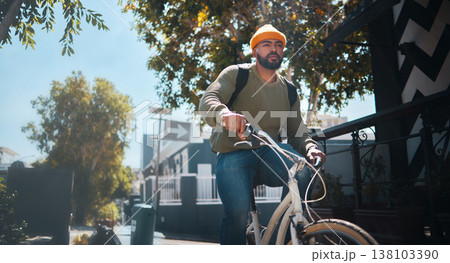 Bicycle, travel and man in city for journey, adventure and commute for weekend, holiday or vacation. Fashion, style and person on bike for eco friendly transport, carbon footprint and cycling in road 138103390