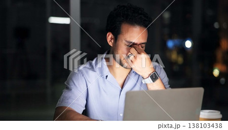 Night, creative agency and man with headache, laptop for article rejection and fatigue. Person, late and journalist in office, migraine and pc for website error, burnout and exhausted for brain fog 138103438