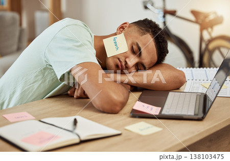 Sleeping, laptop and tired business man in office with paper, research or note on face at desk for nap. Work, burnout and guy designer with insomnia, low energy or boring online task, lazy or fatigue Sleeping, laptop and tired business man in office with paper, research or note on face at desk for nap. Work, burnout and guy designer with insomnia, low energy or boring online task, lazy or fatigue 138103475