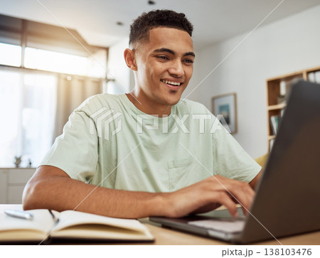Home, computer and man in college with elearning, remote work and online studying in apartment, living room or house. University, education and working on internet, webinar or video conference class Home, computer and man in college with elearning, remote work and online studying in apartment, living room or house. University, education and working on internet, webinar or video conference class 138103476