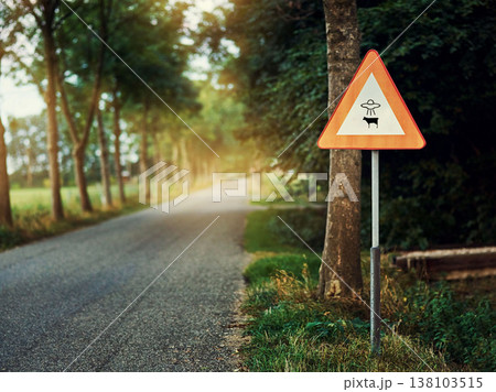 Alien, spaceship sign and road in forest for UFO warning, science fiction and space abduction. Area 51, travel and signage for extraterrestrial caution in countryside, nature and street in woods 138103515