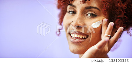 Mockup, portrait or happy woman with face lotion or sunscreen creme product on beauty space. Dermatology cosmetics, purple background or model with smile to apply facial cream skincare in studio 138103538