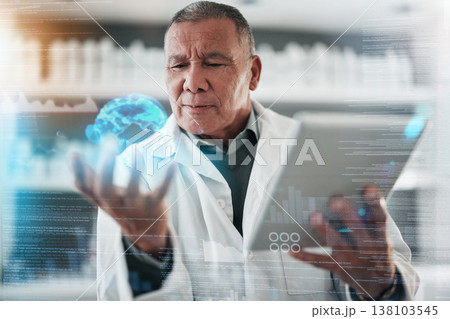 Tablet, science and earth hologram with a man in the laboratory for research or innovation on double exposure. Medical, future and global dashboard with a scientist using ai or 3d technology in a lab 138103545