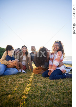 Garden, happy and family relax on holiday, bonding or having fun together on grass on mockup space. Grandparents, smile and interracial parents with kids in nature to travel on vacation, care or love 138103596