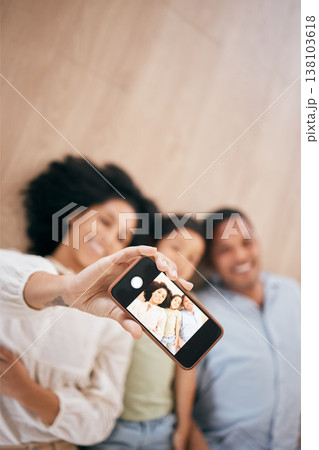 Phone, selfie and happy family in home, top view and bonding together. Smartphone screen, photography and parents, child and smile in portrait, taking profile picture for social media or mockup space Phone, selfie and happy family in home, top view and bonding together. Smartphone screen, photography and parents, child and smile in portrait, taking profile picture for social media or mockup space 138103618