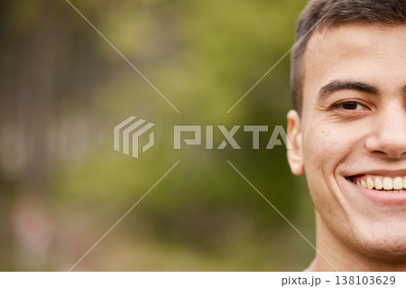 Smile, half portrait and a man in nature for fitness, exercise or a workout on bokeh. Happy, face and an athlete or person in a park for training, sport or running on mockup space for cardio 138103629