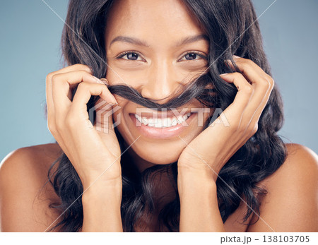Curly hair, mustache or portrait of happy woman in studio for wellness, treatment or comedy joke. Haircare, grey background or face of model with funny pose for natural beauty, texture or keratin 138103705