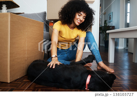 New home, box and woman on the floor with dog in real estate, flat or moving, loan or housing. Mortgage, investment and female on floor with property, smile and satisfied with pet friendly apartment New home, box and woman on the floor with dog in real estate, flat or moving, loan or housing. Mortgage, investment and female on floor with property, smile and satisfied with pet friendly apartment 138103727
