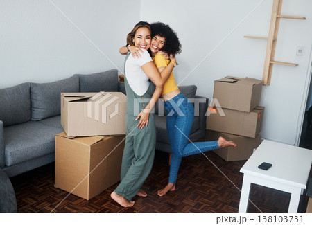 Lesbian, couple and hug with moving, boxes and excited with happiness for investment in apartment or property. Happy, people and women together with love and celebration of new home together Lesbian, couple and hug with moving, boxes and excited with happiness for investment in apartment or property. Happy, people and women together with love and celebration of new home together 138103731